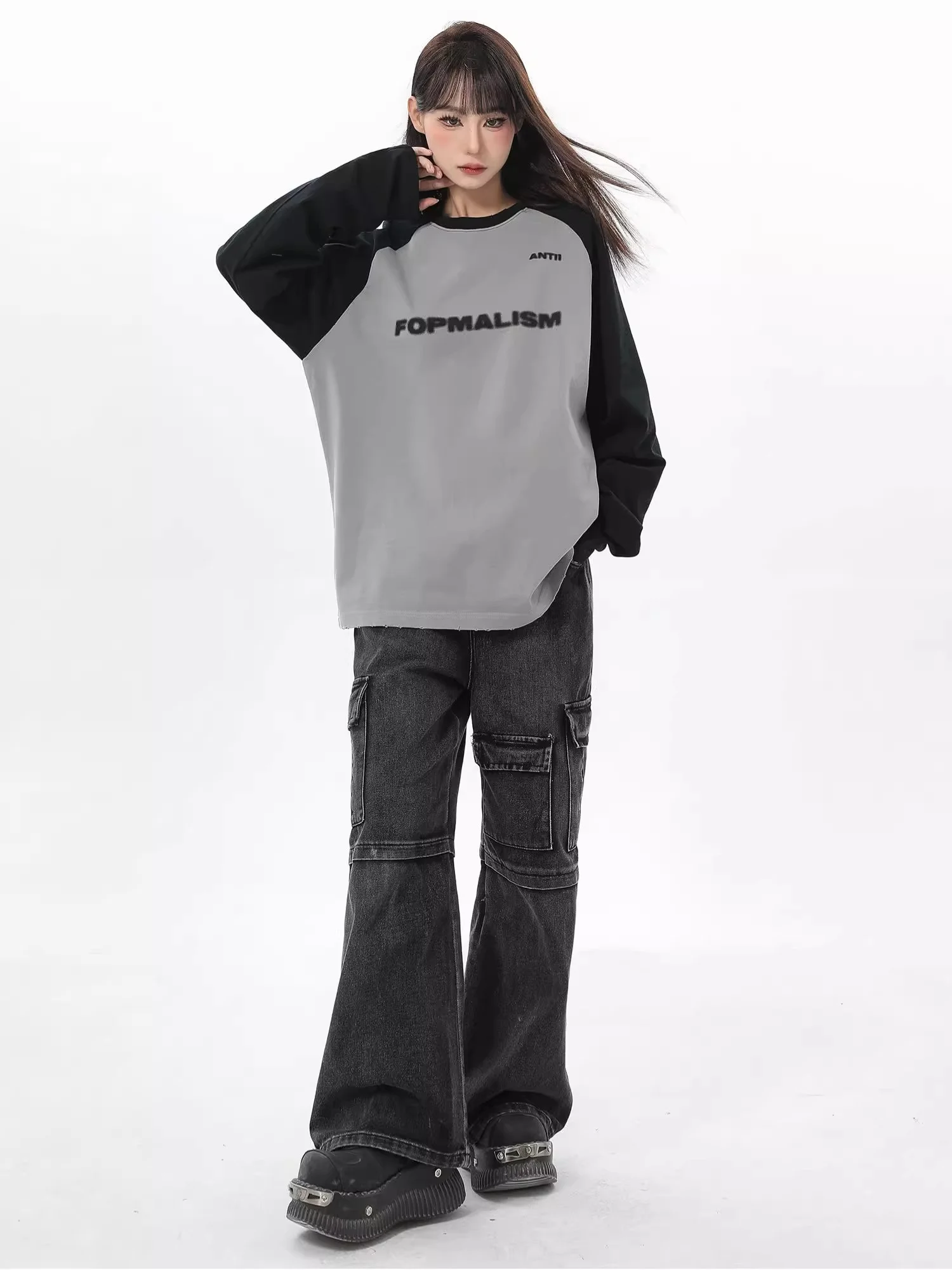 QWEEK-Camiseta de manga larga Y2K para mujer, jersey con estampado de letras de moda coreana, Vintage, gris, sudaderas de manga raglán de gran tamaño