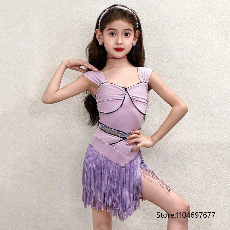 

Фиолетовое платье для латиноамериканских танцев с бахромой для девочек, одежда для соревнований по румбе, летнее платье для вечеринок и танцев