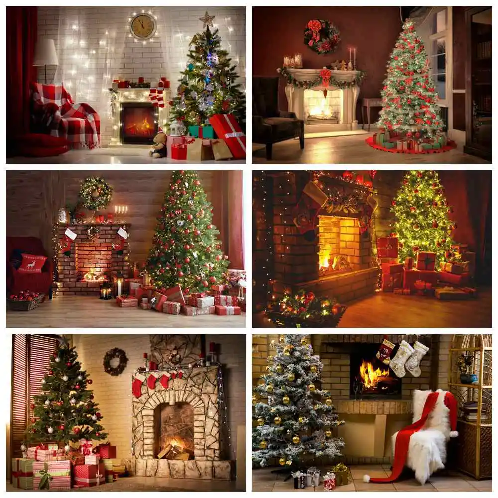 

MOON.QG Chirstmas Tree Fireplace Photography Background New Year Party Photocall Backdrop Professional Photo Wall Shooting Props