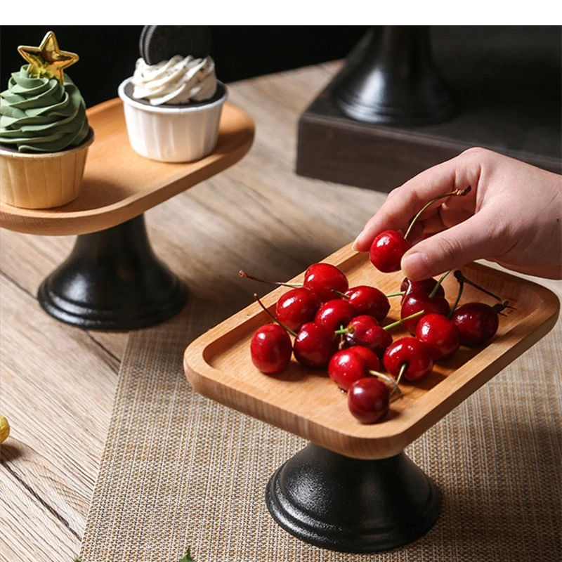 Wooden High-foot Dessert Plate Beech Fruit Service Tray European Cake Decoration Simple Home