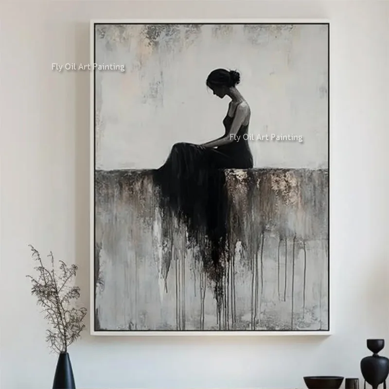 Modern Beautiful Women By The Sea Oil Painting Blue Brown Seaside View Canvas Artwork Handmade Black Grey Girl Wall Art Decor