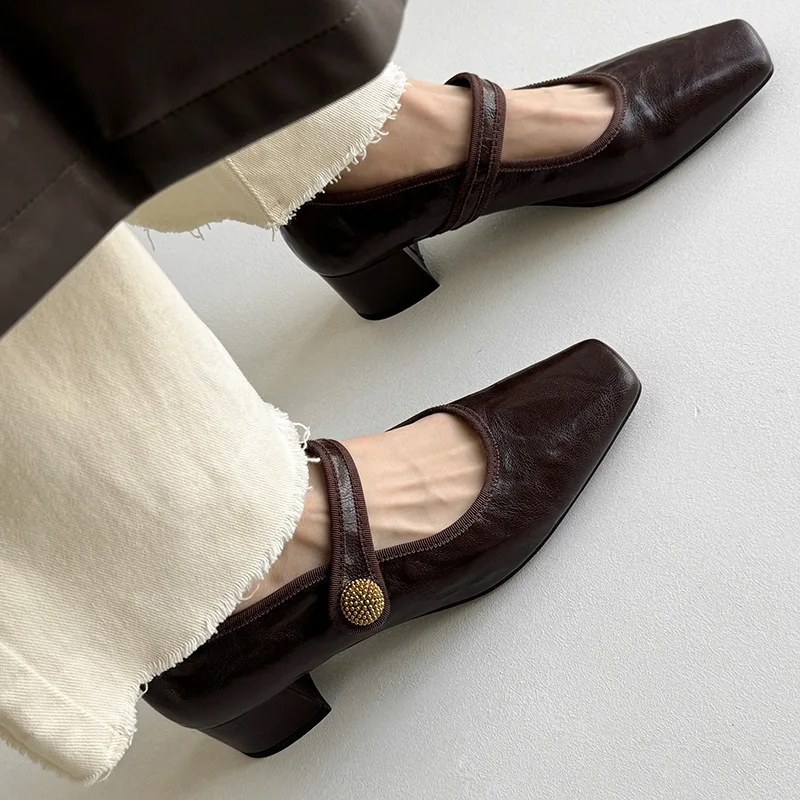 Fangtou Mary Zhen Shoes, весна-осень 2021, новый стиль, ботинки на одной пуговице на грубом каблуке, женская обувь в стиле ретро