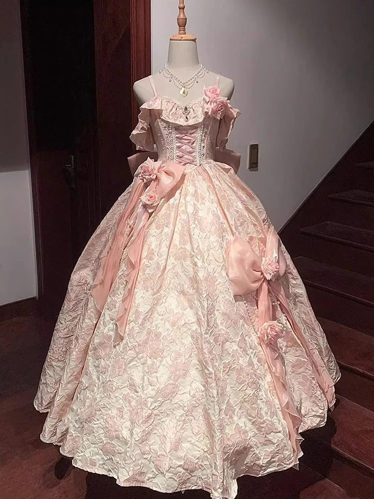 Abito da sposa rosa Lolita lungo fino al pavimento, splendido abito formale per adulti, industria pesante