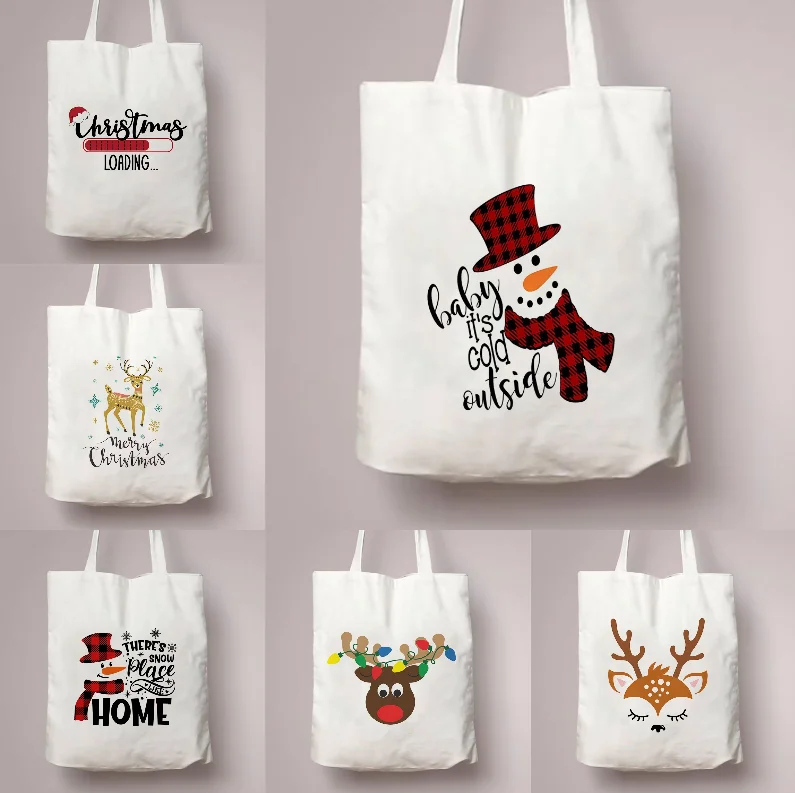 

Christmas Canvas Bag Reindeer Snowman Merry Christmas Printed Tote Bag Party Supplies Large Capacity Bag Christmas Gift