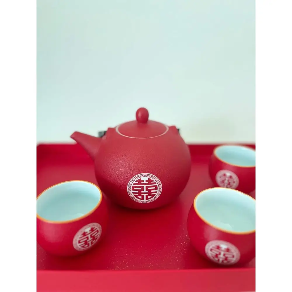 Traditional Chinese Double Happiness Ceramic Tea Set for Weddings, 1 Teapot, 8 Cups, Gift-boxed