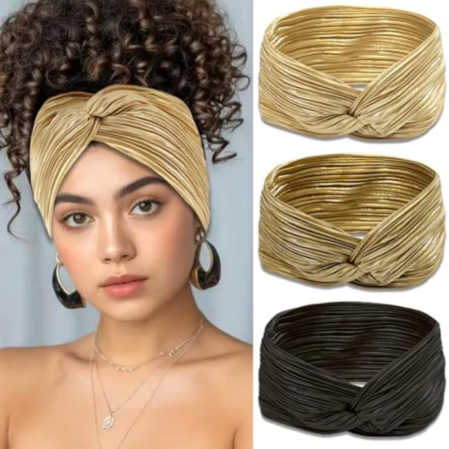 

3 Pcs Gold Headbands for Women Twist Wrinkle Head Bands Valentine's Day Non Slip Short Turban Headbands Sport Workout Hair Wrap