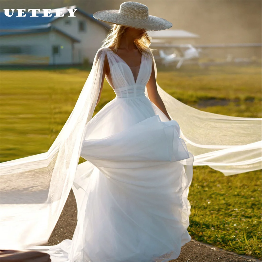 

UETEEY Customized Fairy V Neck Sleeveless Pleats A Line Wedding Dress Women Tulle Open Back Floor Length Court Train Bridal Gown