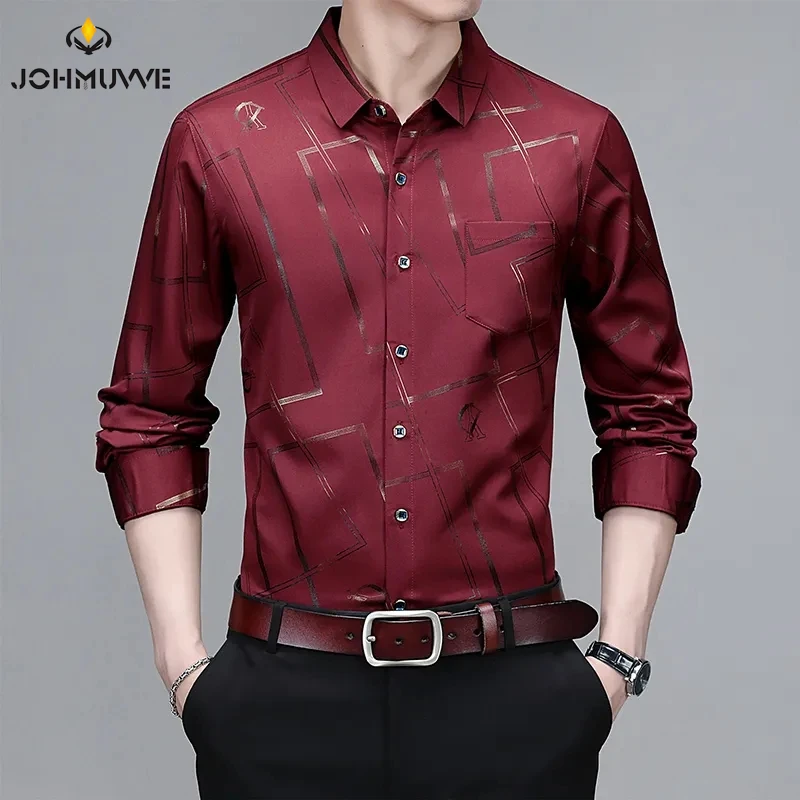 Camisa casual masculina de manga comprida estampada, blusa Business, não engomar e resistente a rugas, elegante