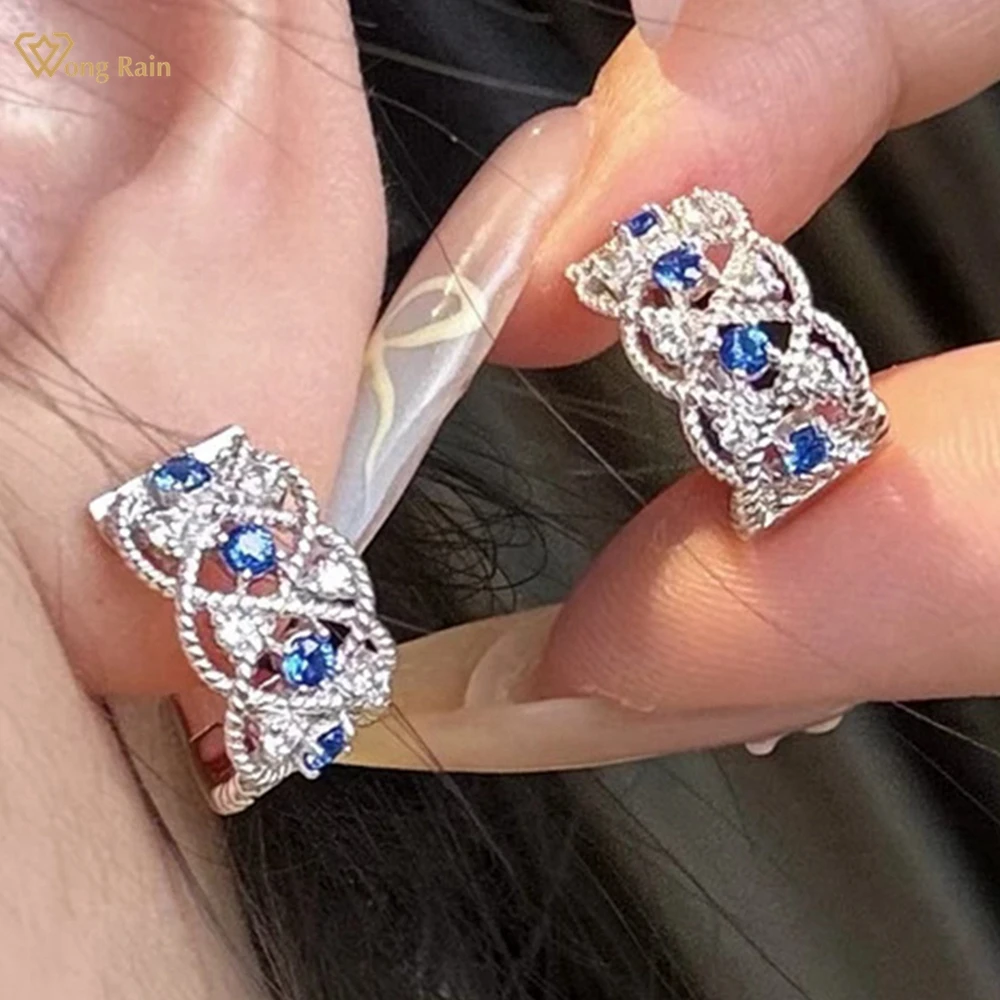 

Wong Rain Solid 925 Sterling Silver Round Cut Sapphire High Carbon Diamond Gemstone Hoop Earrings for Women Fine Jewelry Gifts