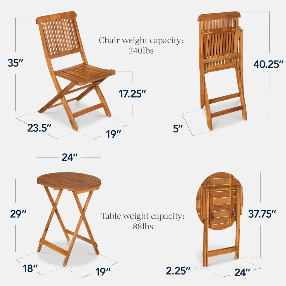 

3-Piece Acacia Wood Bistro Set, Folding Patio Furniture for Backyard, Balcony, Deck w/ 2 Chairs, Round Coffee Table, Teak Finish