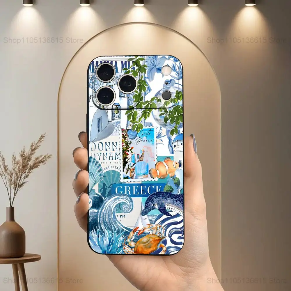 Funda de teléfono griega Aegean Sea Art para iPhone 17,16,15,14,13,12,11 Plus,Pro Max,XS,X,XR,SE,Mini,8,7, funda negra de silicona suave