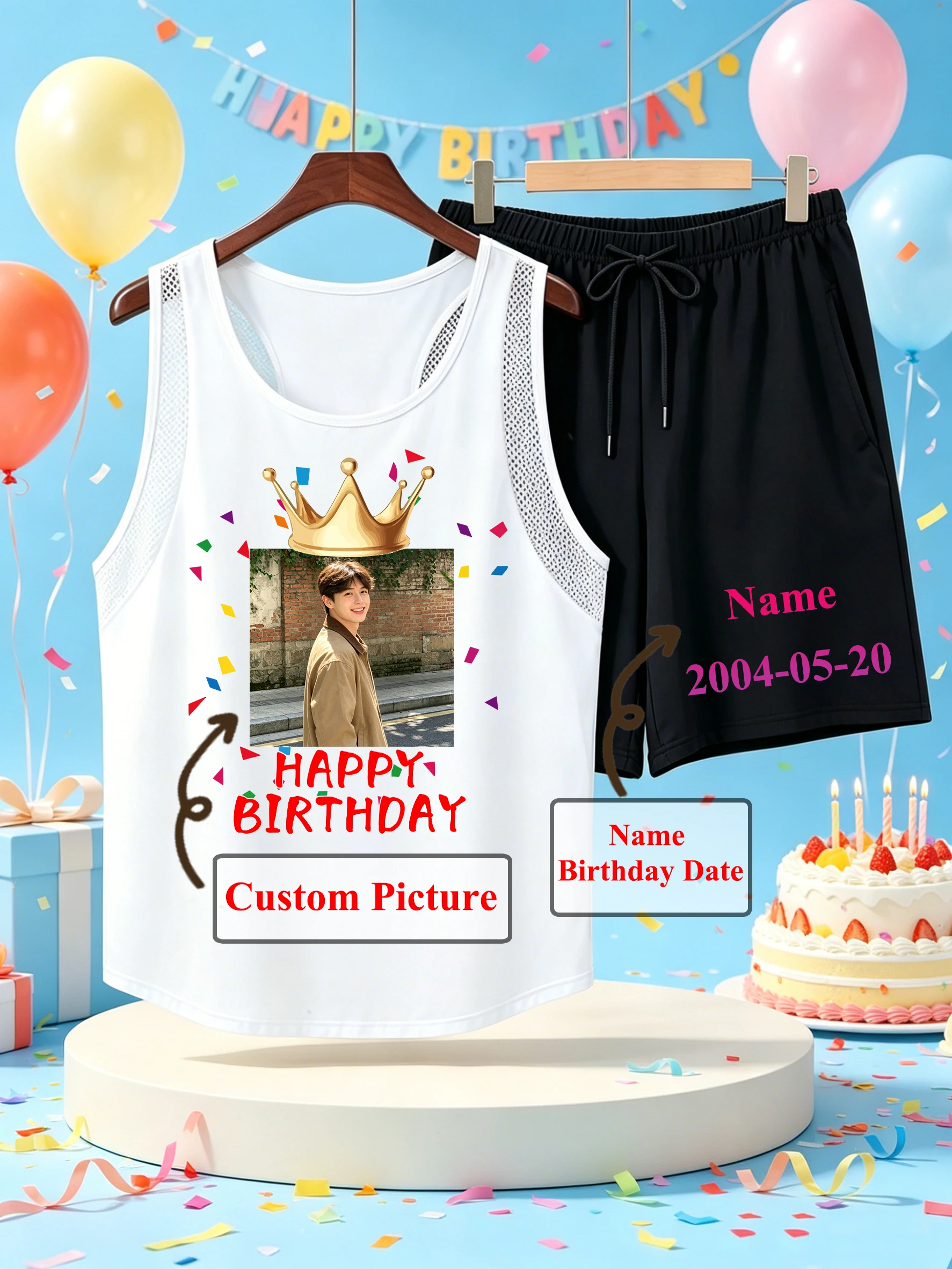 

Custom Birthday Picture Name Date Print Men's Mesh Tank Tops Suits Crewneck Sleeveless Vest Wide-Leg Summer Shorts Pocket Drawst
