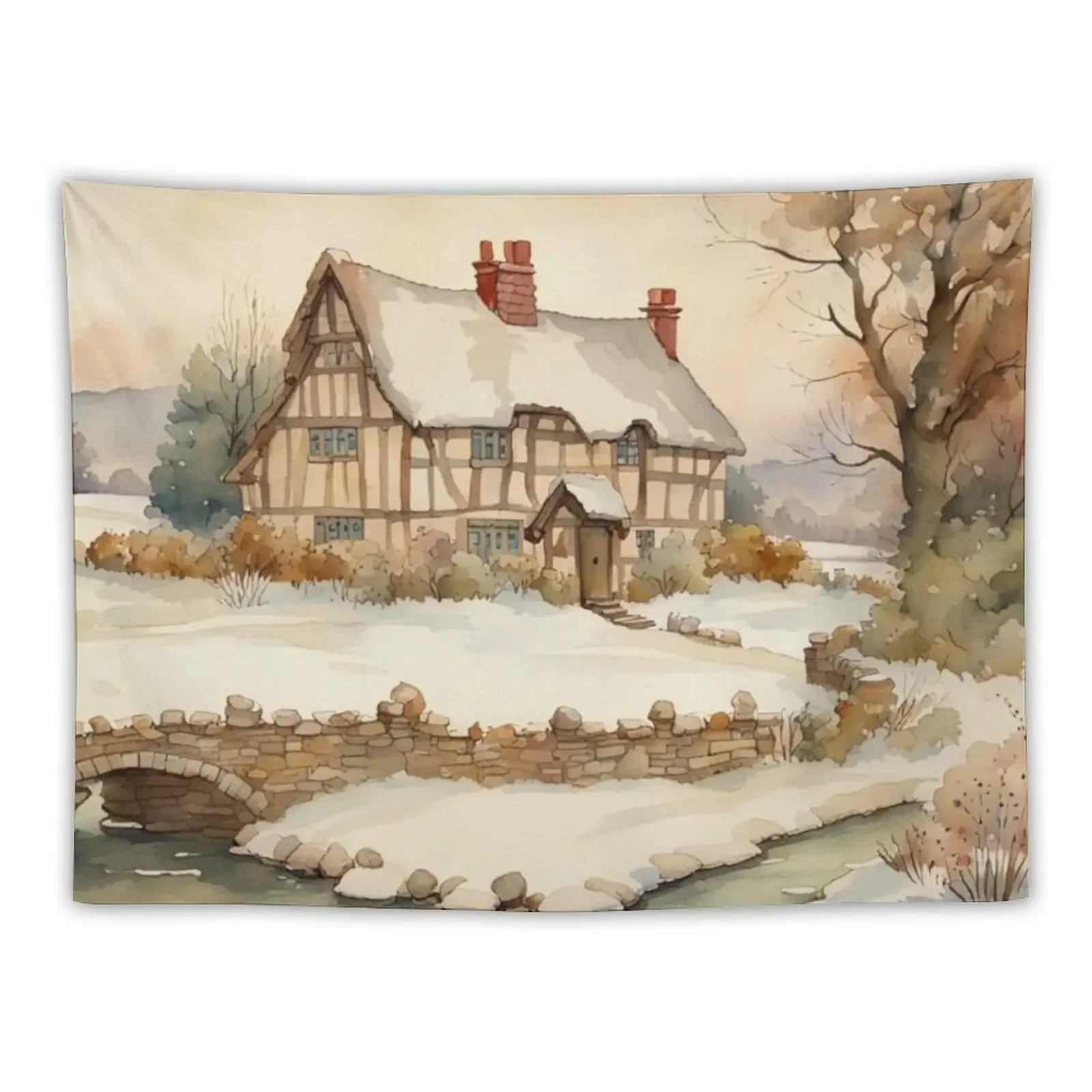 Traditional Old English Medieval Cottage in Winter Watercolor Tapestry Decoration Wall Tapestry