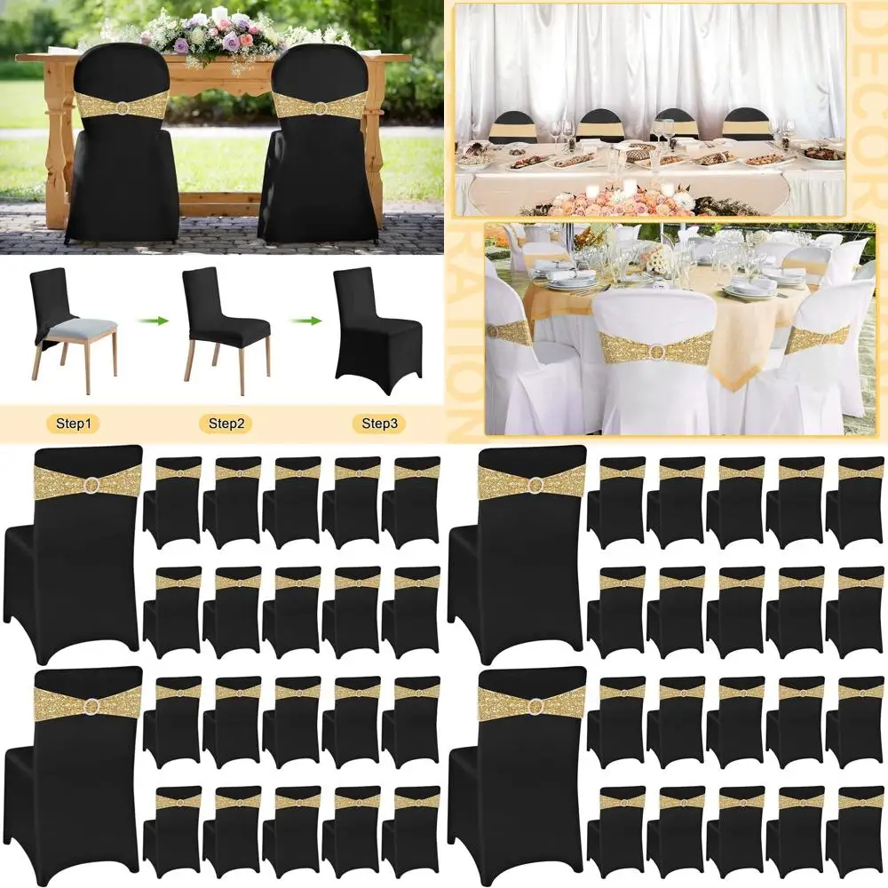

40pcs Stretch Chair Covers with Sashes and Bowknot, Ideal for Weddings, Parties, and Banquets (Black, Gold)