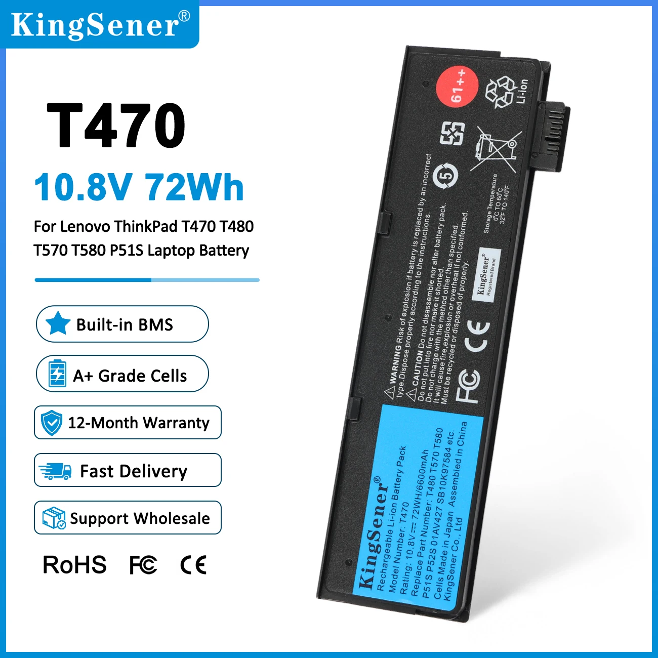 KingSener Laptop Battery For Lenovo ThinkPad T470 T480 T570 T580 P51S P52S A475 A485 TP25 01AV427 01AV423 SB10K97584 48WH 72WH