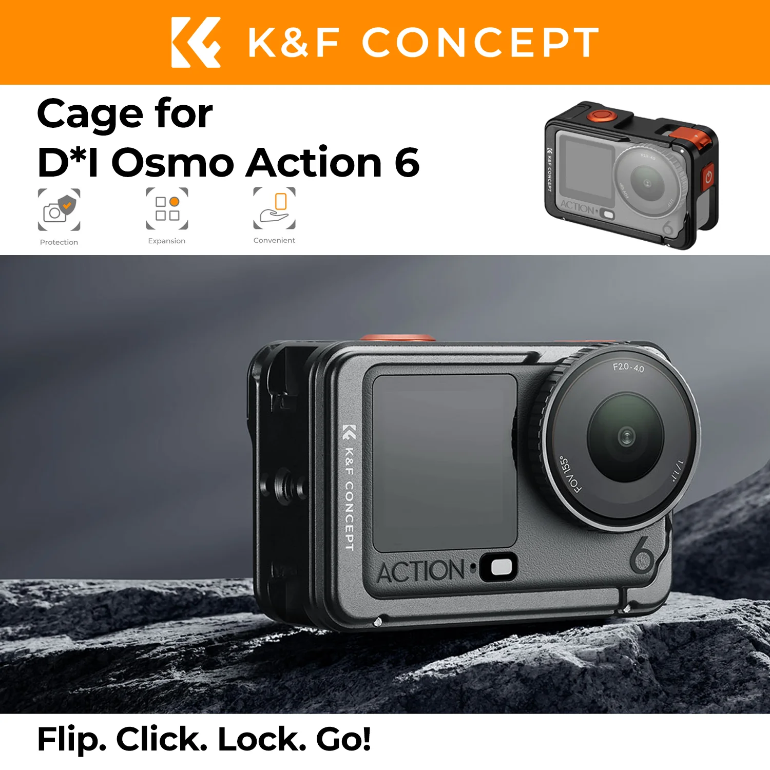 K&F CONCEPT Aluminium-Schutzmetallkäfig für DJI Osmo Action 6, werkzeuglose Schnellmontage, Cold Shoe, 1/4"-Gewinde, integrierte