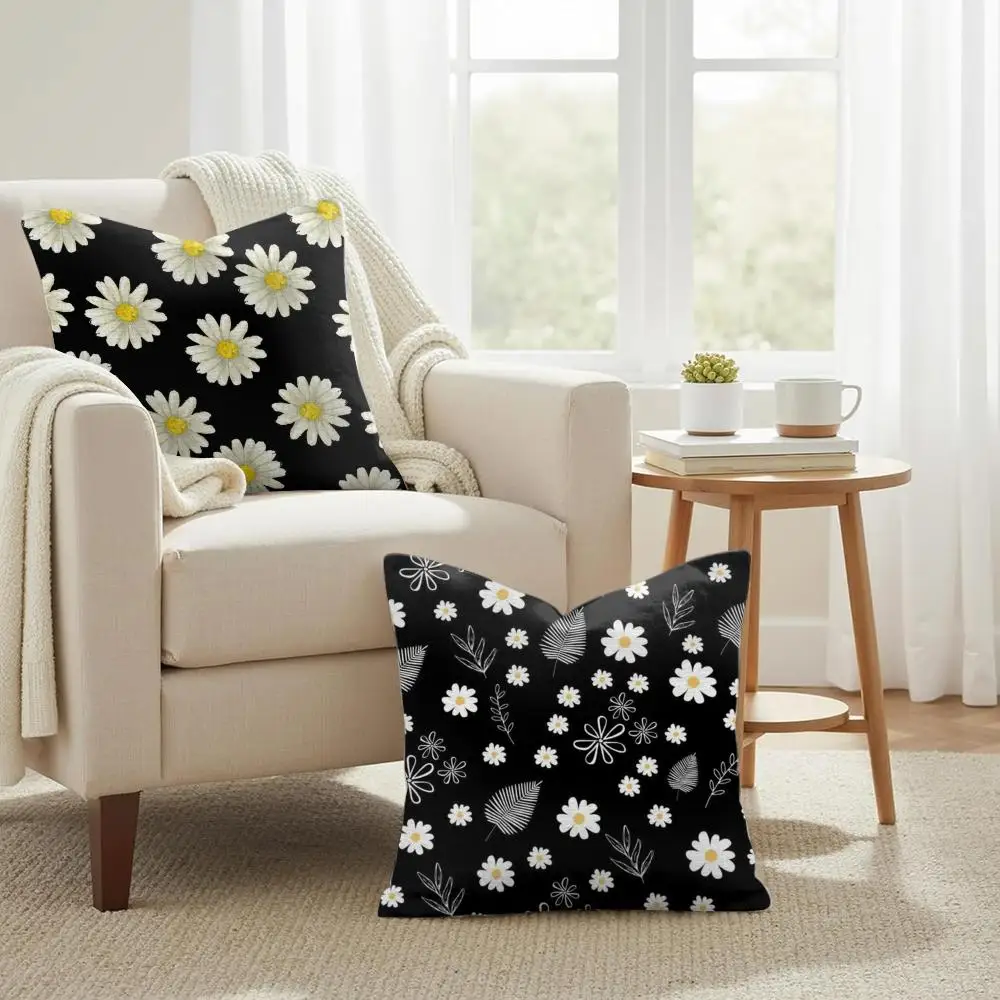 Classic Daisy Flowers Cushion Cover Double-Sided Printed Organic Linen Pillow Cover, Decorative for Sofa Home