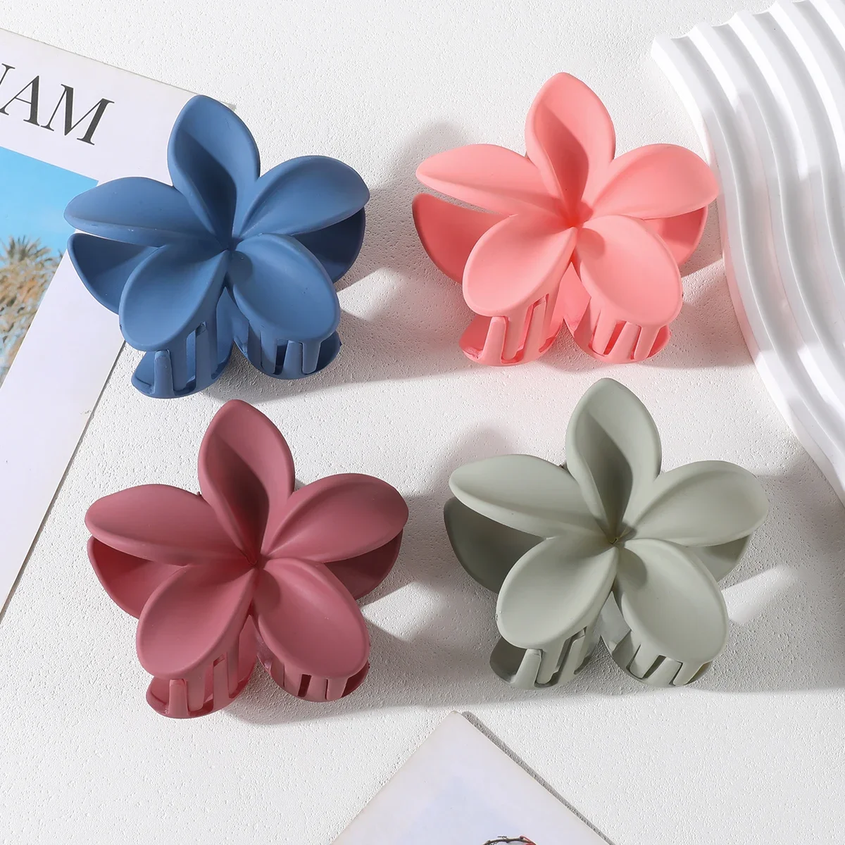 

8CM Women Plastic Barrettes Sweet And Cute Plumeria Flower Shape Hairpin Shark Clip Hair Accessories Matte Solid Color Style