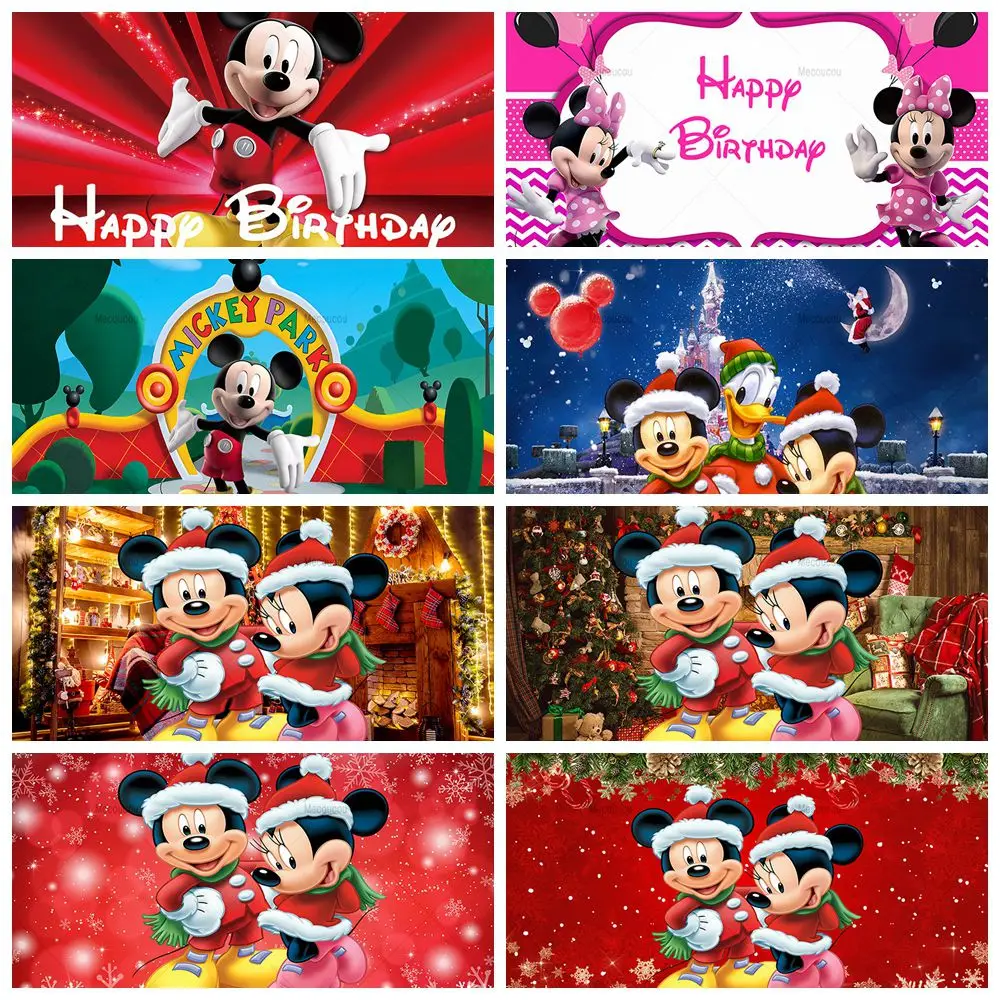 Disney Mickey and Friends Christmas Minnie Backdrop Winter Snow Village Glitter Xmas Background Mickey Mouse Kids Birthday Party