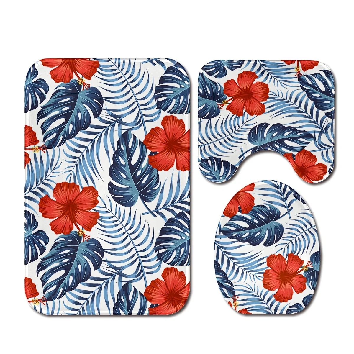 

Декор для ванной комнаты с рисунком пальмового листа гибискуса, 3 шт., полиэфирная ткань, можно стирать в машине, нескользящий коврик, U-образный коврик, чехол на сиденье унитаза