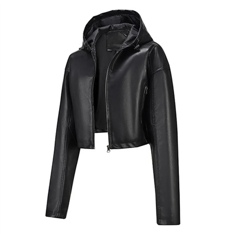 2025 Fashion High-waisted Short Coat Zipper-up Hooded Outerwear Streetwear Lady Tops Slim PU Jackets Women's Faux Leather Jacket 2