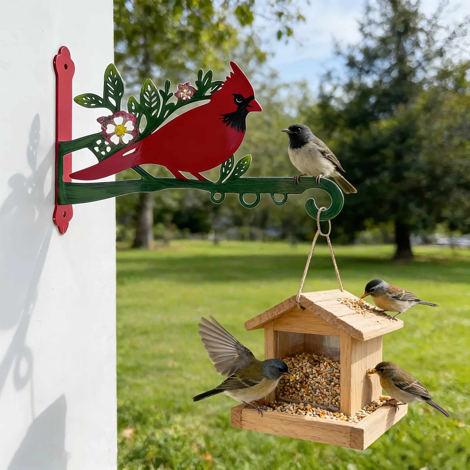 2D Metal Hand-Painted for Use As a Bird Feeder, Wind Chime, Flower BasketA Heavy-Duty Hook in The Shape of a Rustic Red Cardinal