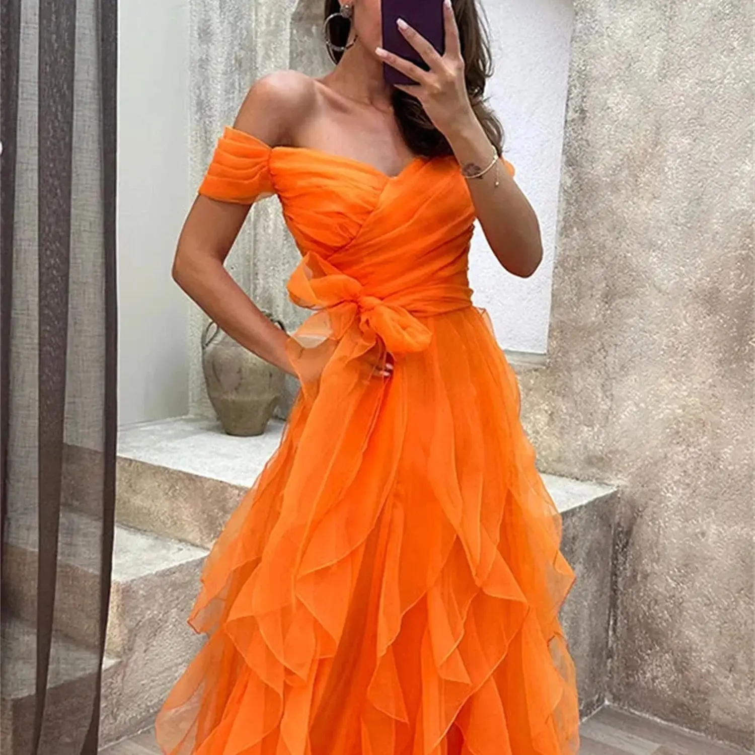 Aileen Grace Multi-layer Orange Color Short Sleeves Elegant Evening Dresses for Women Luxury Prom Dress 2024 Customized Wedding