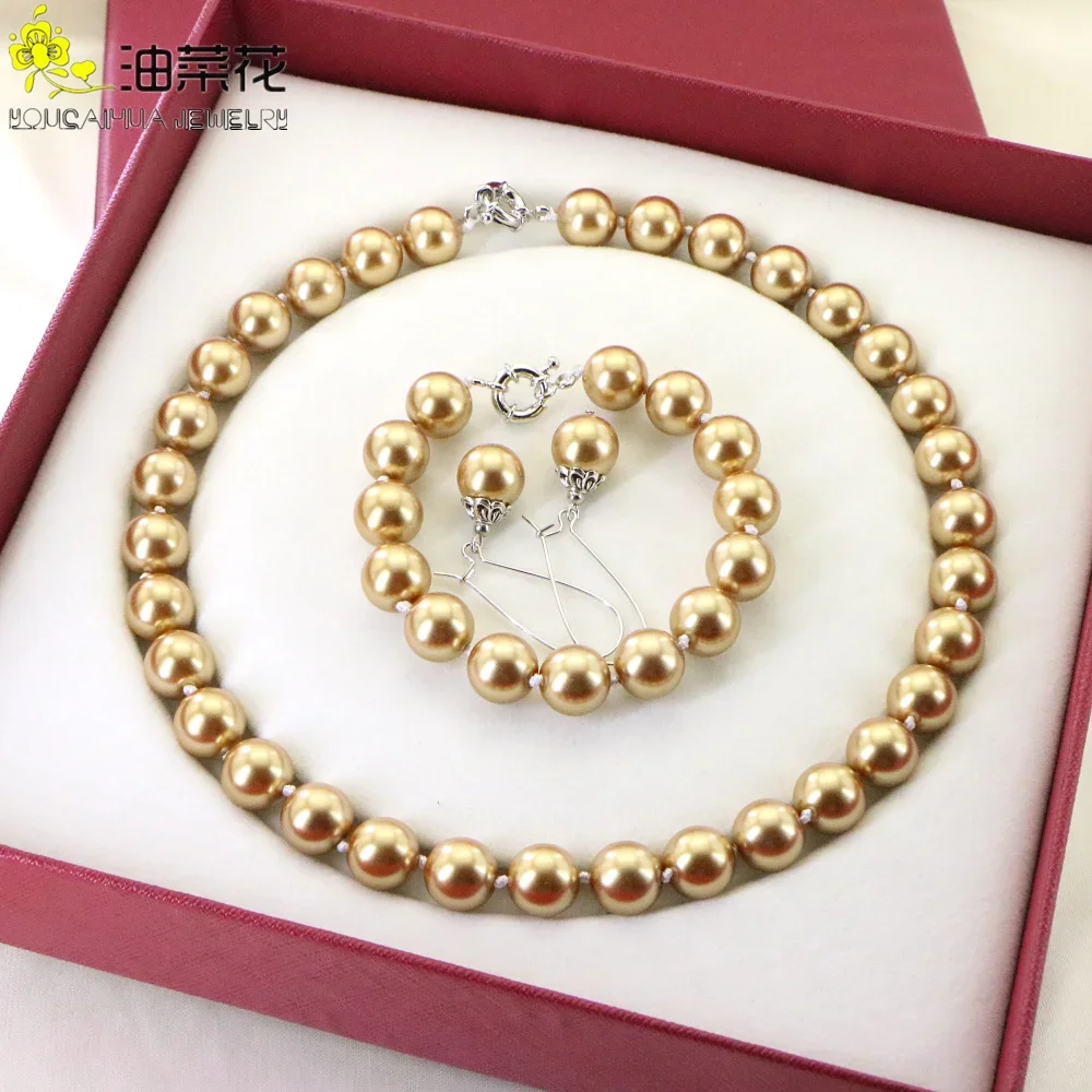 Popular Christmas Gift Women Girls 12mm Gold-Color Round Shell Pearl Beads Necklace Bracelet Earrings Sets Jewelry Making Design