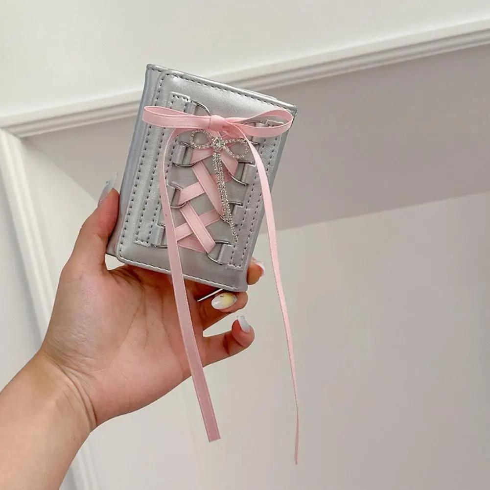 Bow Lace-Up Wallet For Girls Trifold Short Coin Purse Korean Style Card Holder Cute PU Leather Purse For Student Daily Use