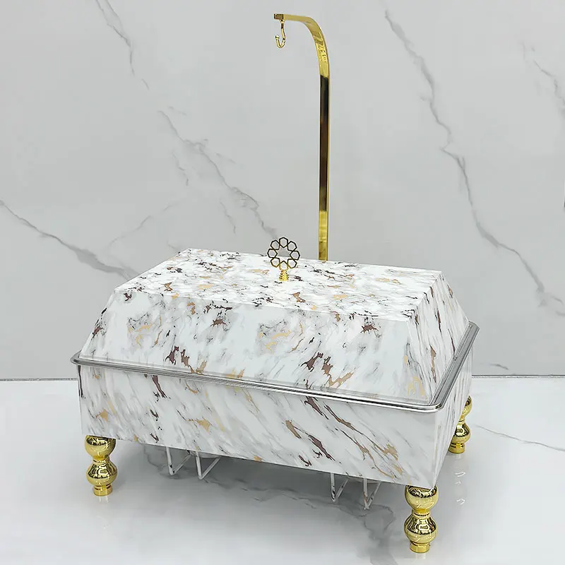 Catering equipment Self-service food heater, rectangular buffet with hanging cover, serving white marble pattern hot pot