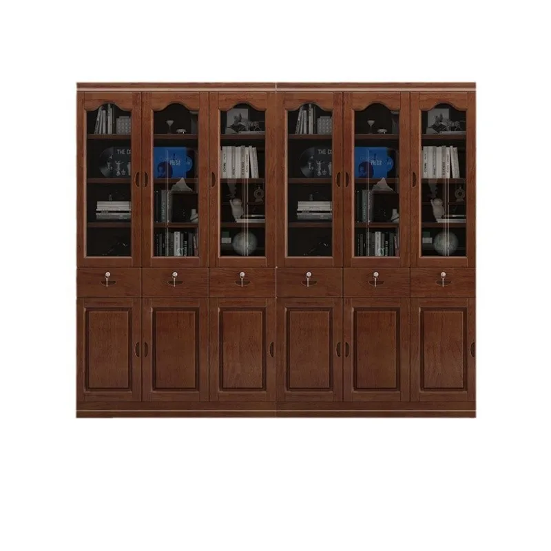 

New Chinese-style all-solid wood bookcase carved study room with glass door combination