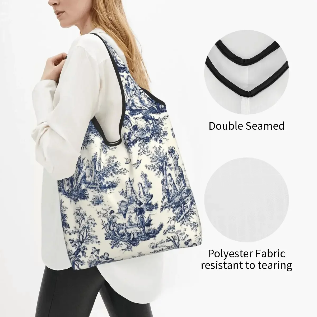 Large Reusable NOMADES Artsy Navy White Grocery Bags Recycle Foldable Toile De Jouy Shopping Eco Bag Washable Lightweight