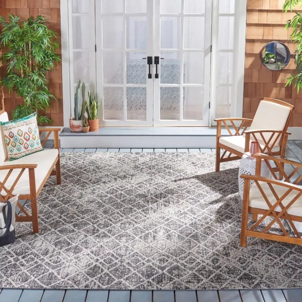Washable Rug Outdoor Courtyard Collection - 8' x 10', Black & Grey, Non-Shedding & Easy Cleaning, Ideal for Patio, Backyard, Mud