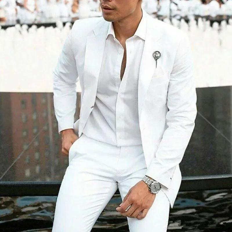 

Summer Beach White Groom Tuxedos Slim Fit Wedding Suits for Prom 2 Pieces Blazer with Pants Male Fashion Costume Latest Style