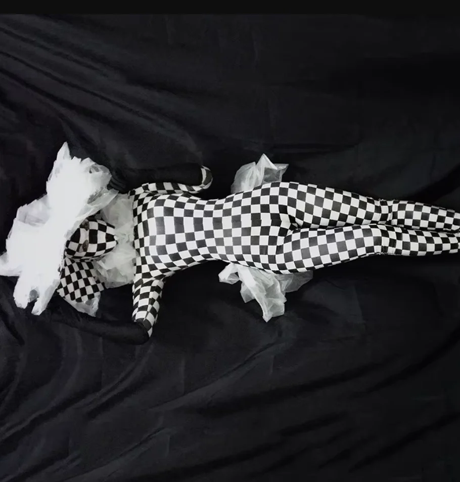 Halloween Party Festival Outfit Clown Black And White Grid Jumpsuit Stage Costume Women Nightclub Singer Rave Clothes