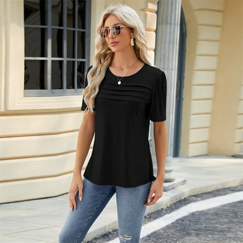 Fashion Women Multi Layers Splice Decoration T-Shirt Pleated Bubble Sleeve Tops Female Comfortable Casual Loose Solid Color Tees