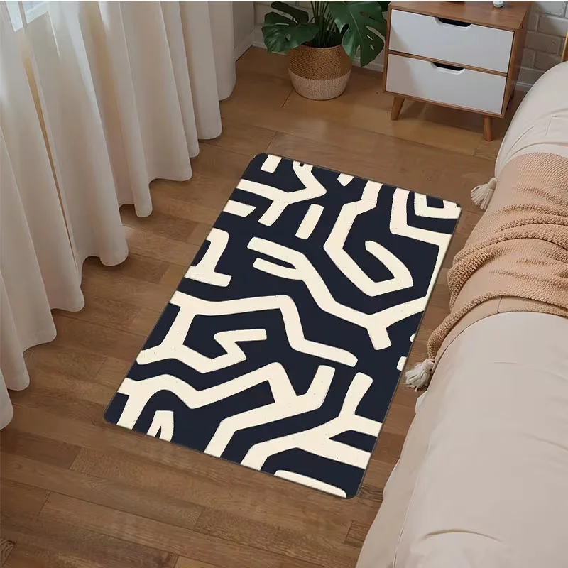 Boho Schwarz-Weiß Abstrakte Linien Fußmatte Weicher Rutschfester Innen- und Außenteppich Moderner Minimalistischer Boho Wohndekor Teppich
