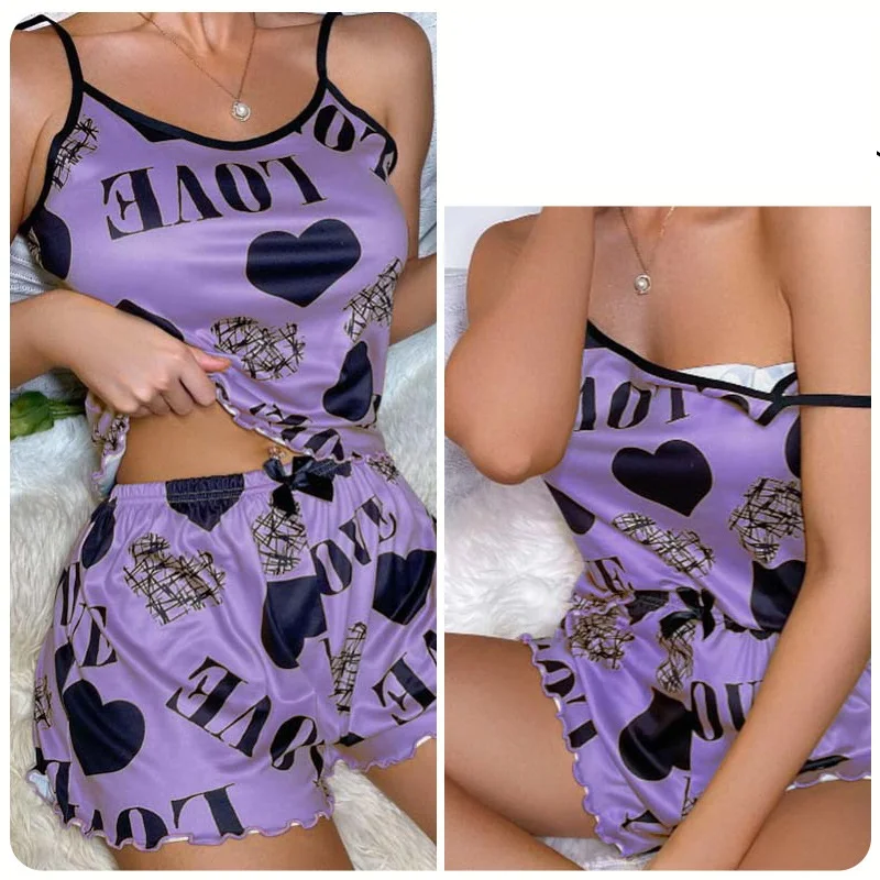 

Fashion Sexy Pajama Set Women's 2 Pieces Love Heart Print Sleepwear Pyjamas Silk Satin Cami Top Shorts Pajamas Set for Women