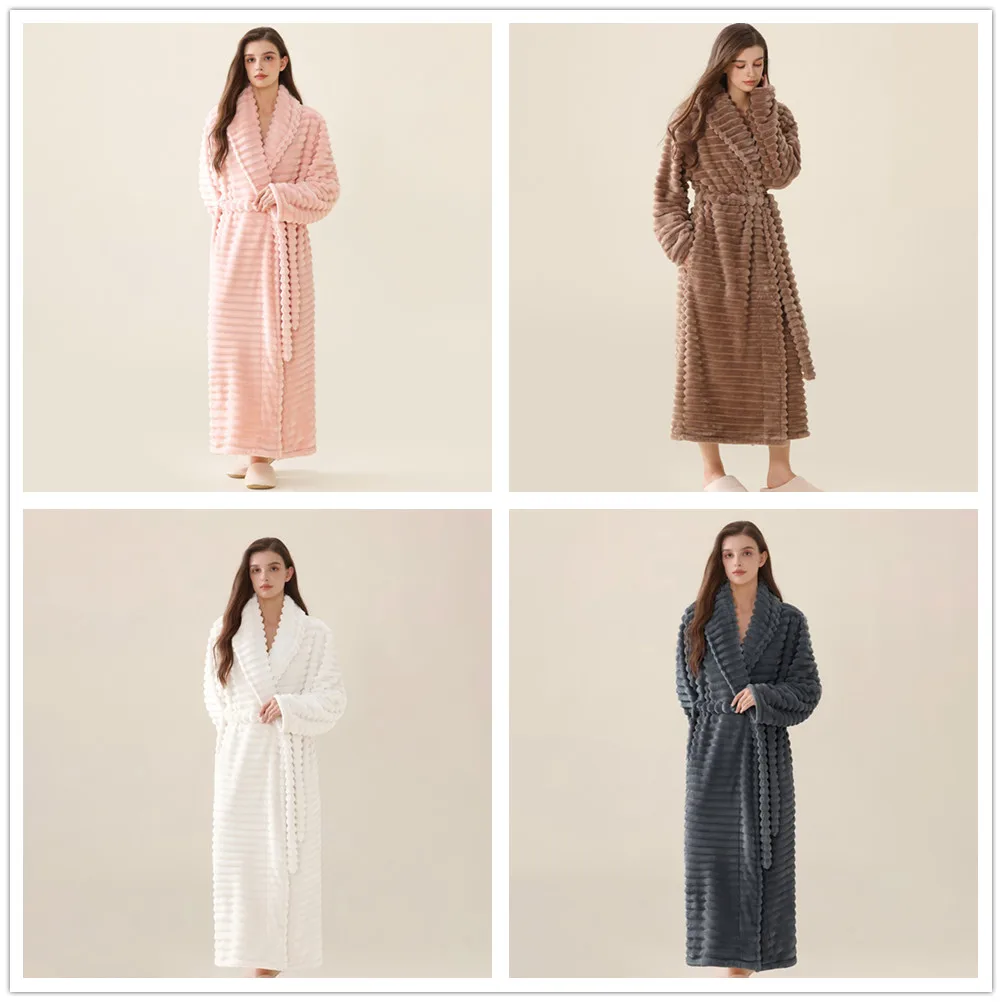 Winter Thermal Robe Soft Flannel Fleece Long Bathrobe Women Casual Home Sleepwear With Waist Belt