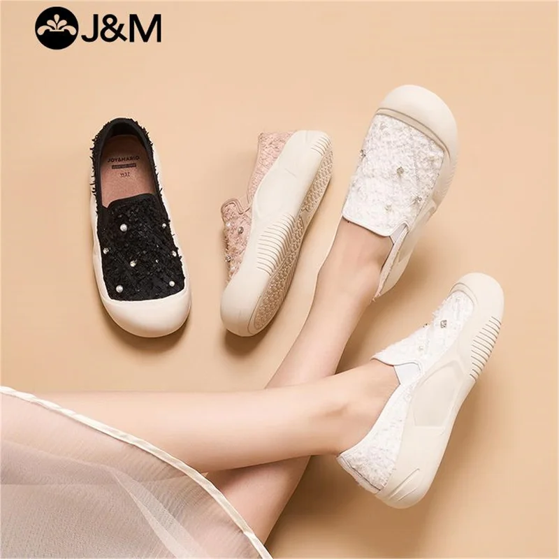 J & M-Mocassins à plateforme en dentelle pour femme, chaussures décontractées à enfiler, baskets noires et blanches, mode printemps et été 2024