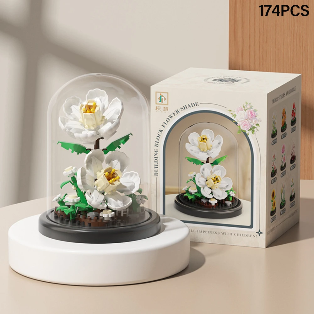 DIY MOC Ewige Blumen Staubschutzhaube Tulpe Rose Sonnenblume Sukkulente Garten Mikro-Baustein-Set Heimdekoration Geschenk für Sie – Detail 4