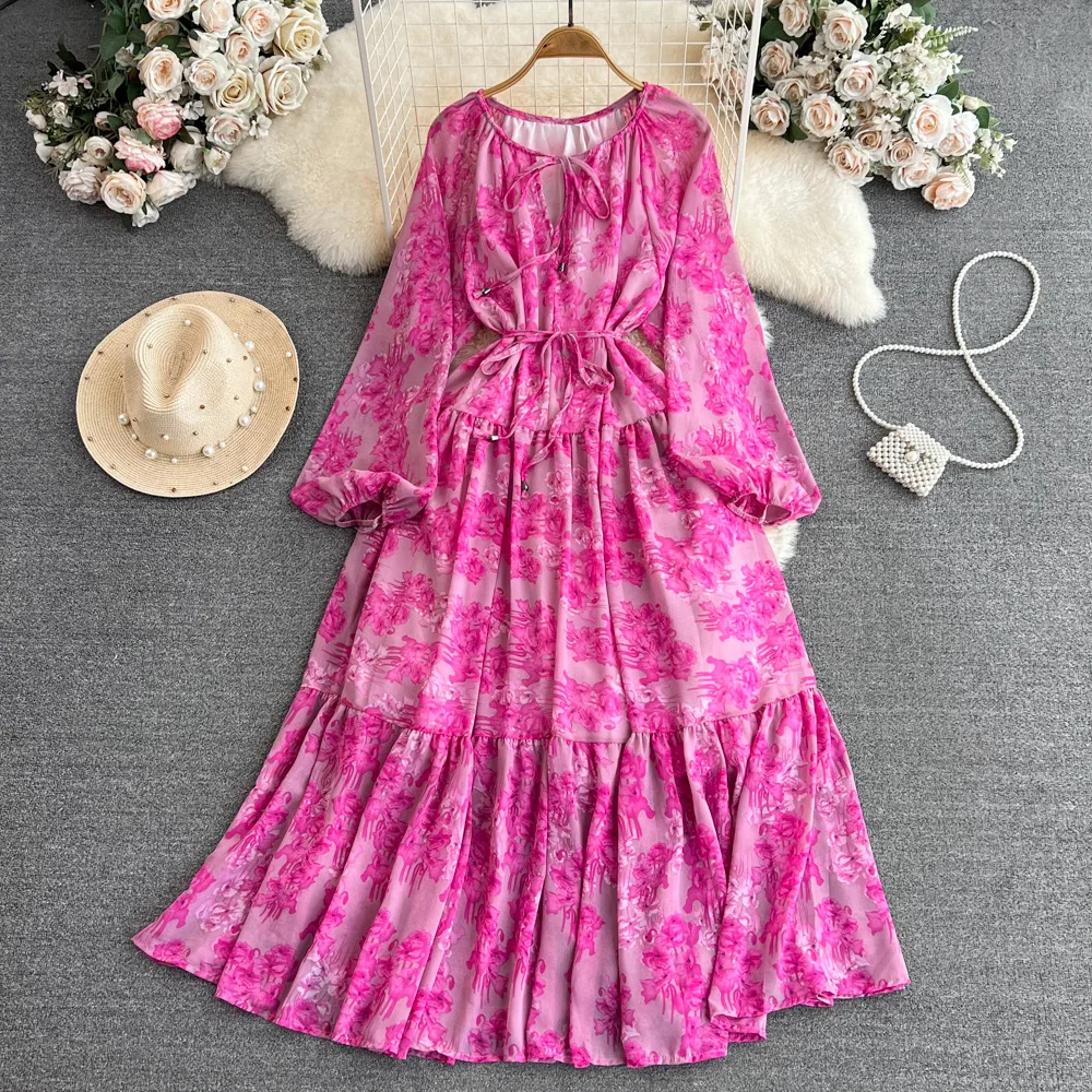 UNI rétro imprimé fleuri pansement robe élégante a-ligne lanterne manches décontracté à lacets taille haute robe femmes été