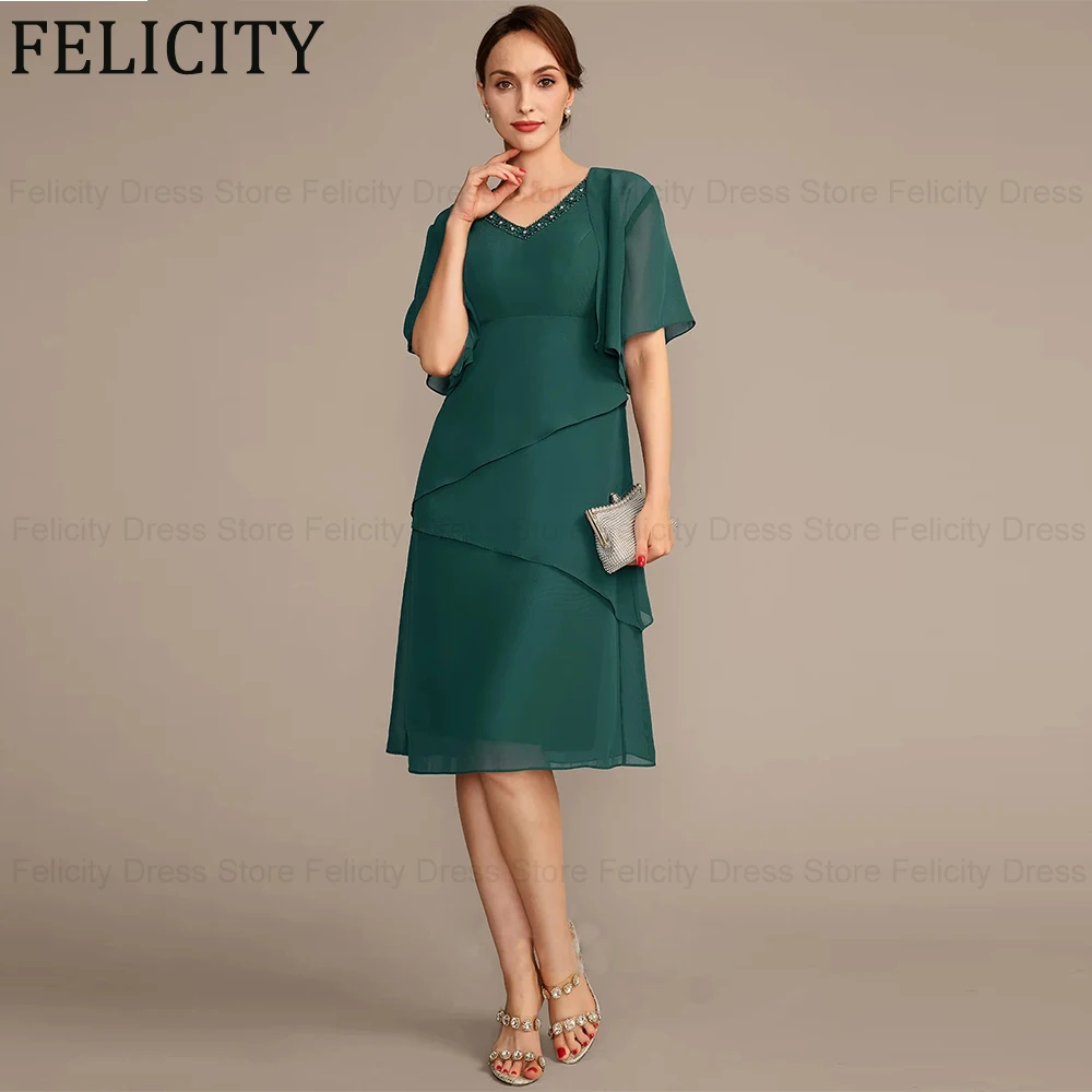 

FELICITY Two Pieces Elegant Mother of the Bride Dresses Customized A-Line V-Neck Chiffon Short Party Wedding Guest Dress Beading