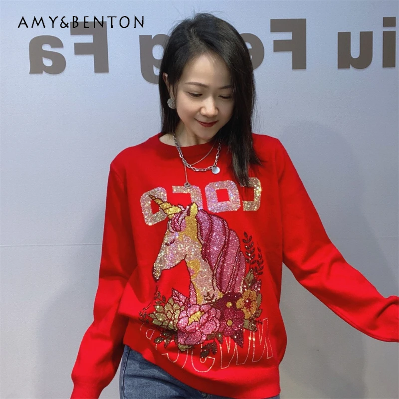 

New Year Atmosphere Red Round Neck Pullover Knitwear Coat For Women's Winter Y2k Loose Design Rhinestone Knitted Sweater Jacket