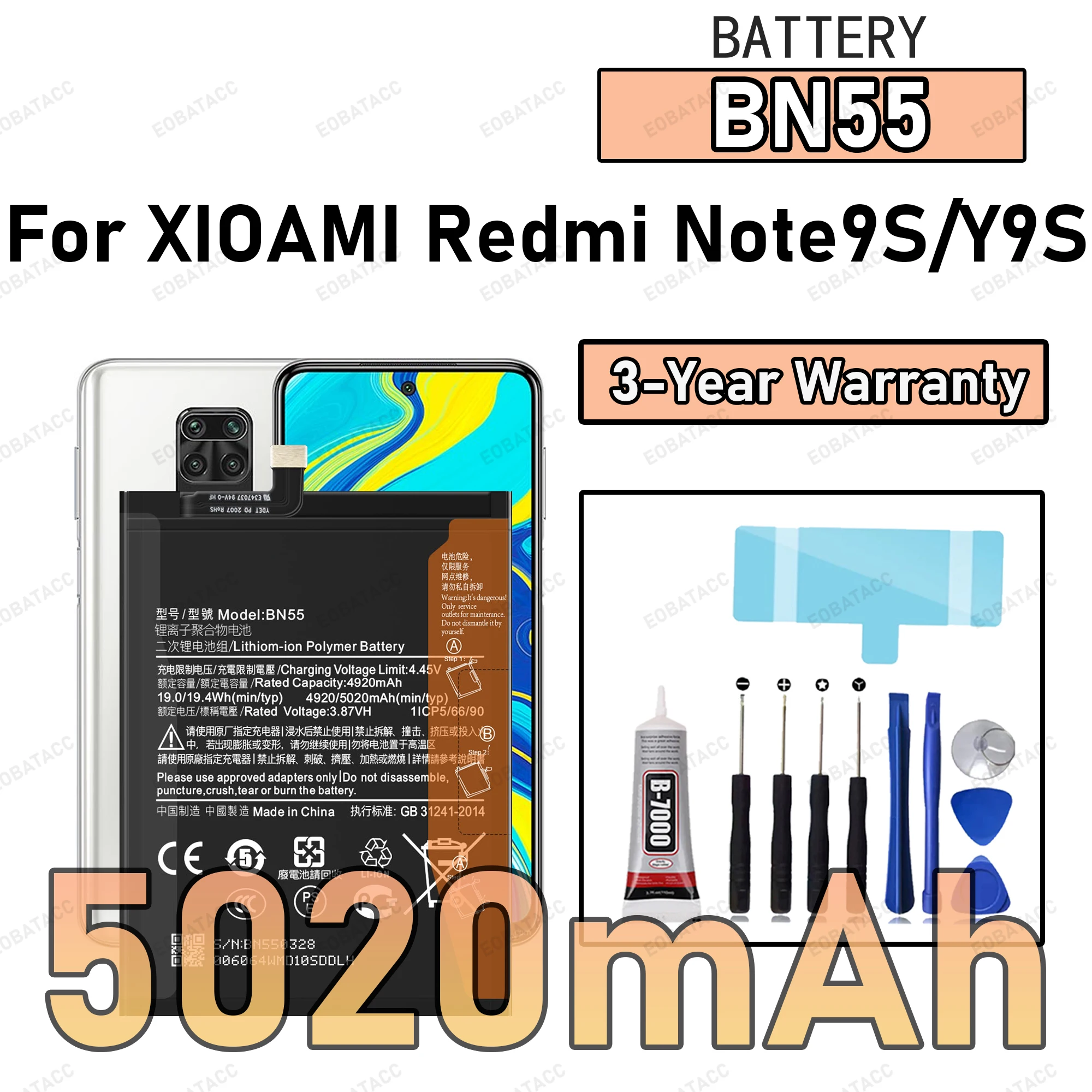 

100% New Zero Cycle BN55 Battery For XIAOMI Redmi Note9S/Y9S Phone Replacement Bateria +Free Tools