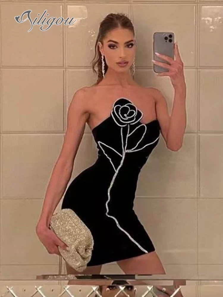 

Ailigou 2023 New Summer Women's Black 3D Flower Diamond Sexy Backless Strapless Tight Mini Dress Elegant Celebrity Party Dress