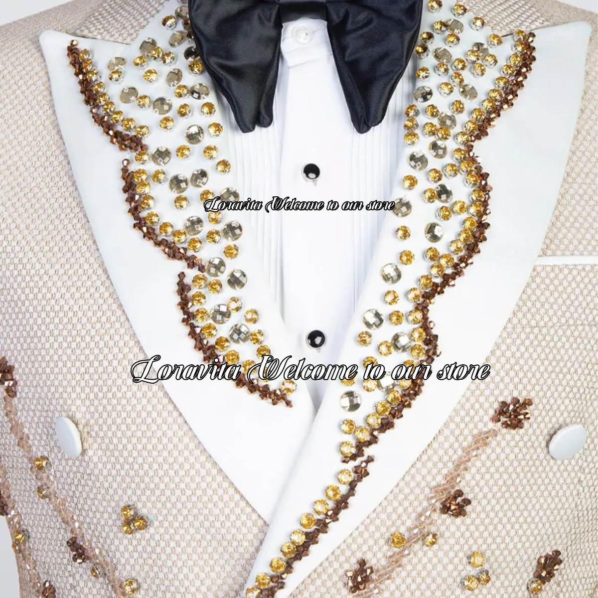 Luxury Sparkle Beaded Crystals Tuxedos Peaked Lapel Male Prom Blazers 2 Pieces Sets Wedding Groom Slim Fit Party Costume Homme