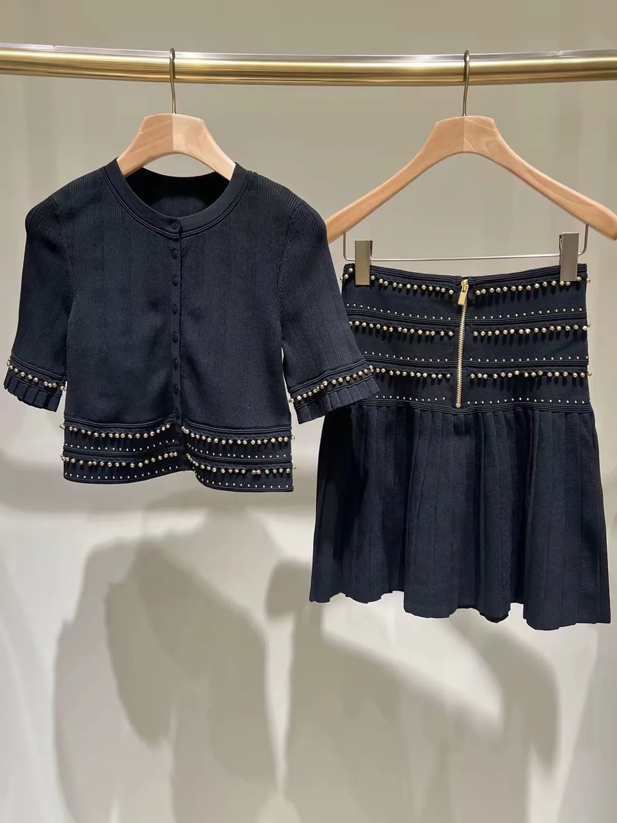 High-End Version European Style Knitted Short Sleeve Open Cardigan Skirt Set Hollow out Embroidery Slim Fit Autumn Fashion Wo...