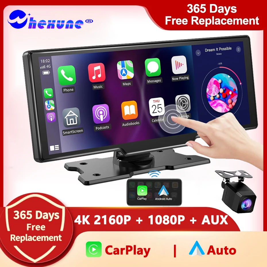 

10.26" Dash Cam Rearview Camera Wifi Carplay & Android Auto 4K DVR GPS Navigation Video Recorder AUX Dashboard Dual Len 24H Park