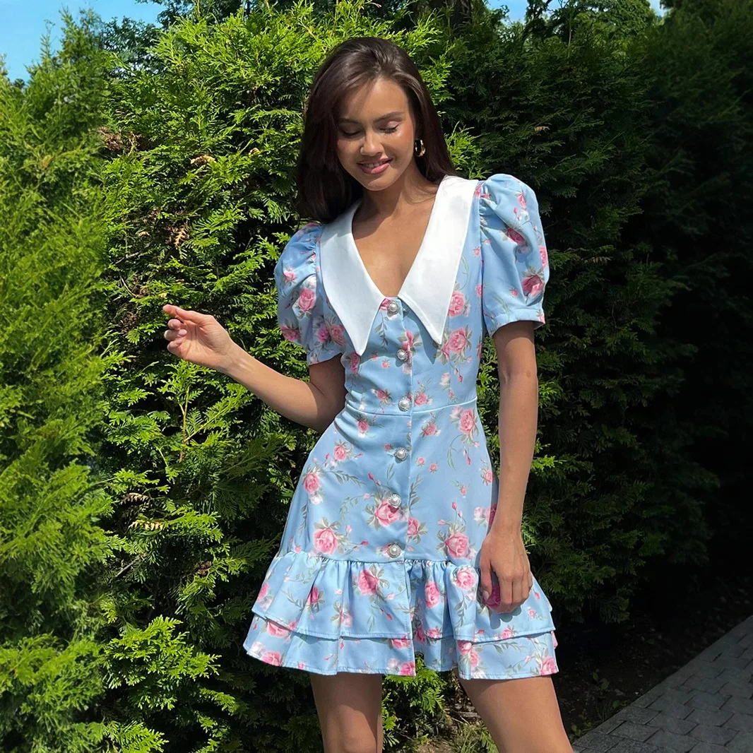 Francês chique floral verão mini vestidos femininos botão frontal em camadas com decote em v manga puff impressão cintura alta casual senhoras vestido novo